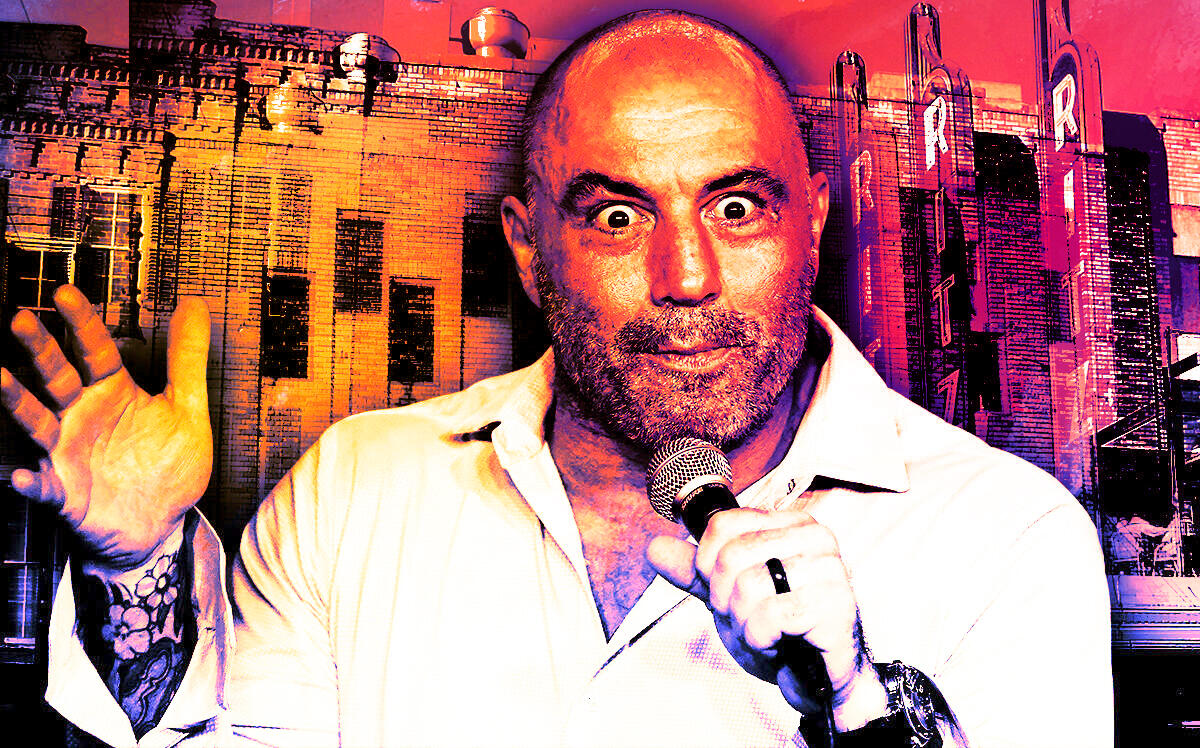 Joe Rogan in front of the Ritz Theater in Austin (Getty Images, WhisperToMe/via Wikimedia Commons – Photo Illustration by Steven Dilakian for The Real Deal)