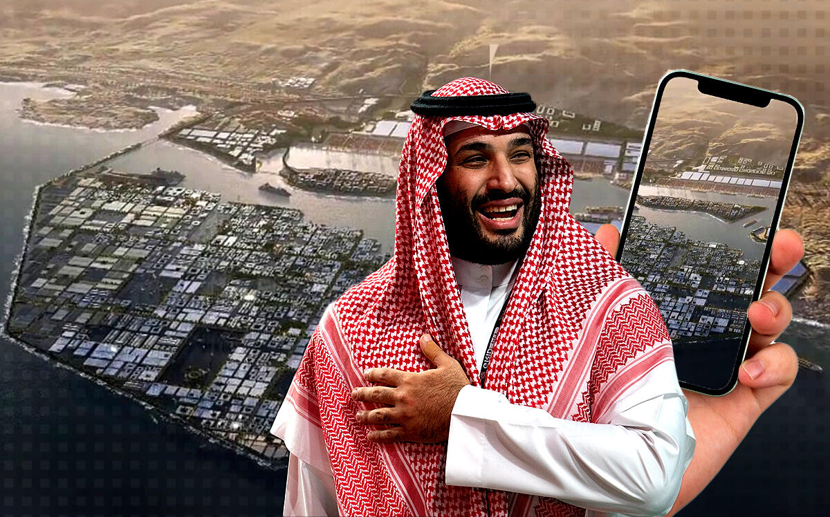 Crown Prince Mohammed bin Salman with future city-state of Neom (Getty, Twitter via Neom, iStock)
