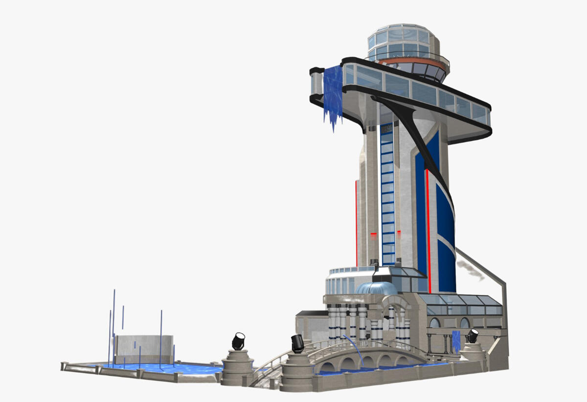 Tokens.com tower, an office and event space in Decentraland, among the largest of several emerging metaverses, or virtual worlds. (Metaverse Architects)