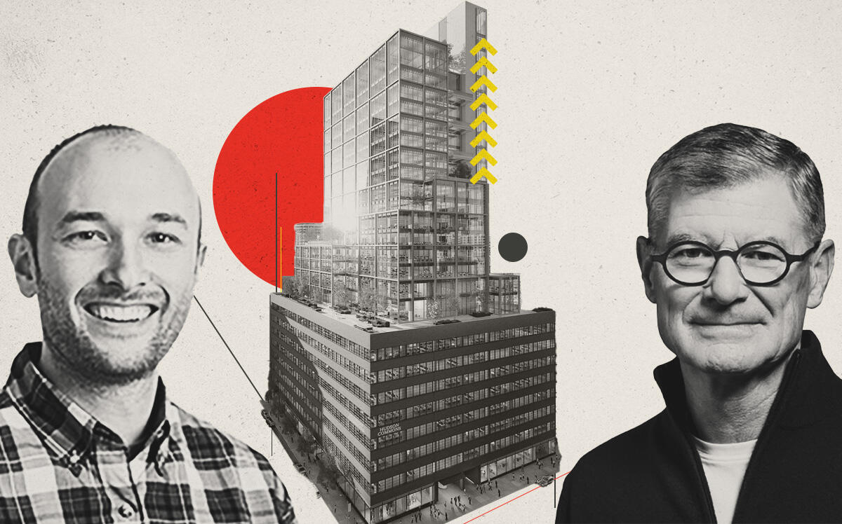 Lyft's Logan Green,  Hudson Commons at 441 Ninth Avenue and Peleton's Barry McCarthy (Lyft, Peleton, Hudson Commons, iStock, Illustration by Kevin Cifuentes for The Real Deal)