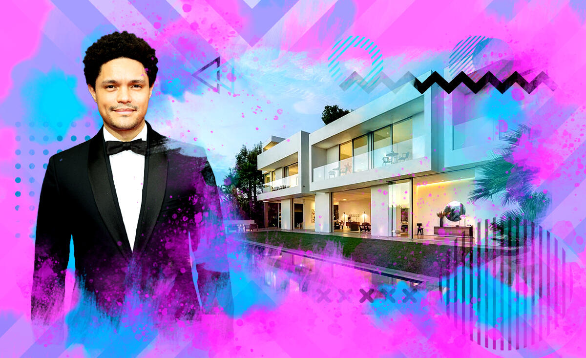 Trevor Noah with 833 Stradella Road (Getty, Zillow, Illustration by Shea Monahan for the Real Deal)