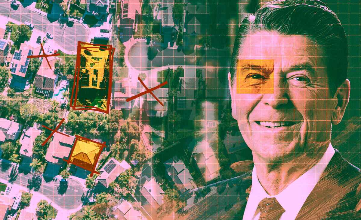 Ronald Reagan with Southern California (Getty, iStock, Illustration by Shea Monahan for the Real Deal)