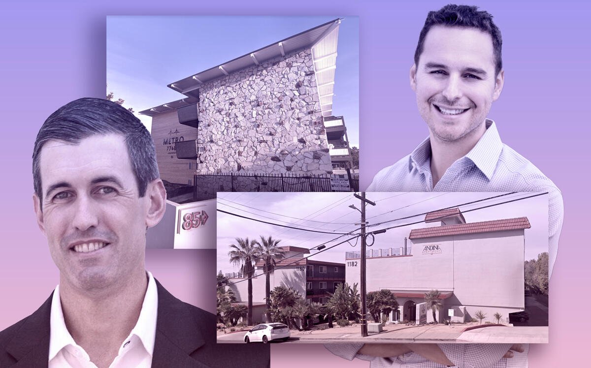 Integrity Housing's Phil Wood (left) and Ascenda Capital's Matt Avital with 77 and 85 Estabrook Street in San Leandro (left) and 1180 and 1192 East Street in Hayward (Google Maps)