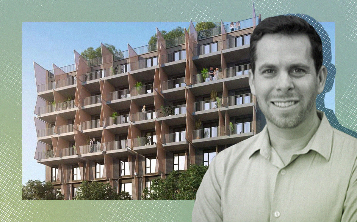 HDC's Brad Padden with rendering of the Flower Street micro-housing (Housing Diversity Corp, Steinberg Hart)