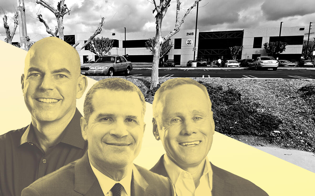 Rexford Industrial Realty’s Howard Schwimmer (left) and Michael Frankel and Laramar Group CEO Jeffrey Elowe (middle) and 21415 Plummer Street (Rexford, Laramar, Google Maps)