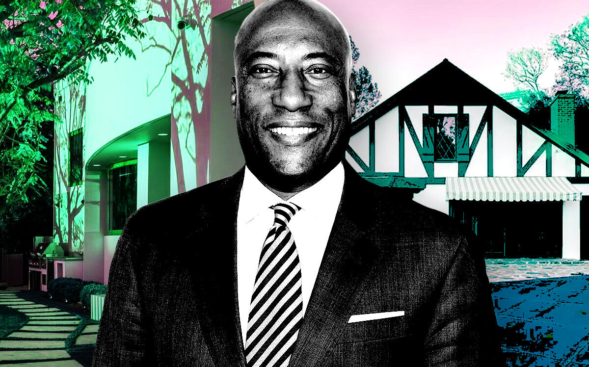Byron Allen in front of 1118 Calle Vista Drive (left) and 1116 Calle Vista Drive (right) (Getty Images, Compass, Redfin)