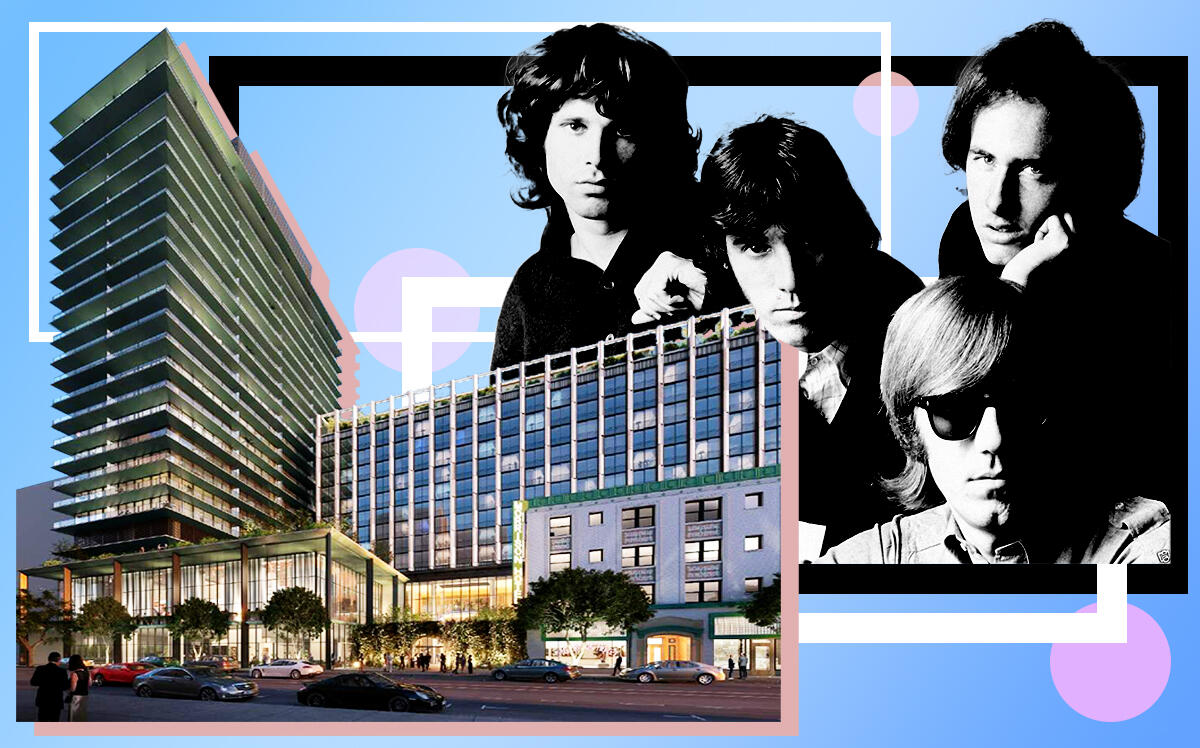 American rock band The Doors in front of a rendering of the Morrison Hotel project at 1246 S. Hope St., Los Angeles (SHoP Architects, APA-Agency for the Performing Arts-management, Public domain, via Wikimedia Commons)