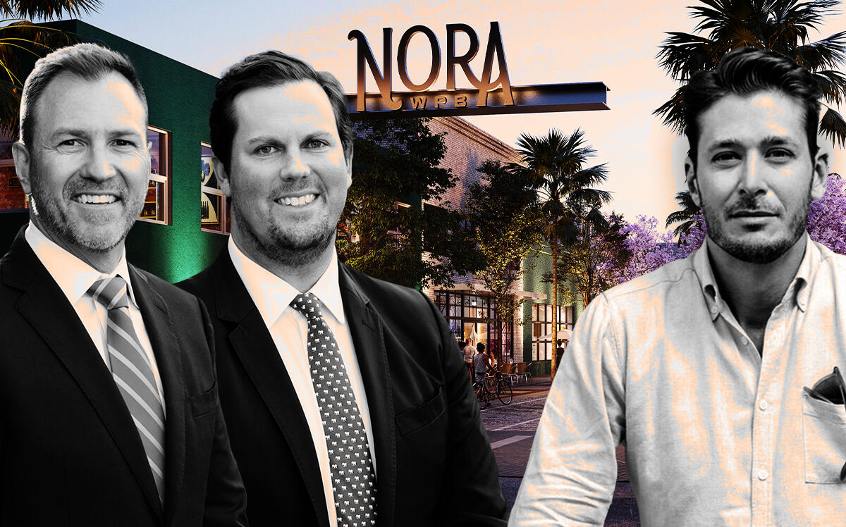 From left: Damien Barr and Ned Grace of NDT Development; Joe Furst of Place Projects; a rendering of the planned redevelopment of the Nora District in downtown West Palm Beach (ArquitectonicaGEO, Place Projects, NDT Development)