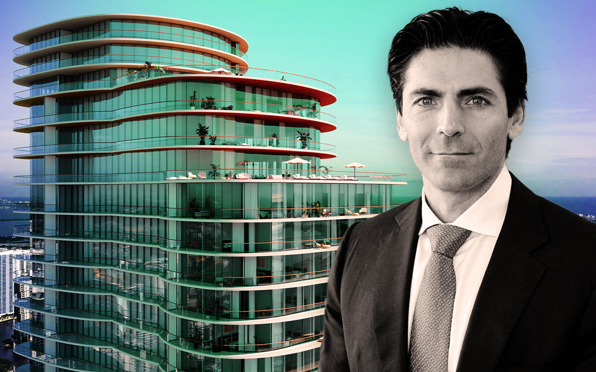 Camilo Miguel Jr. in front of a rendering of the planned condo tower at 1420 South Miami Avenue in Brickell (The Boundary, Cipriani)