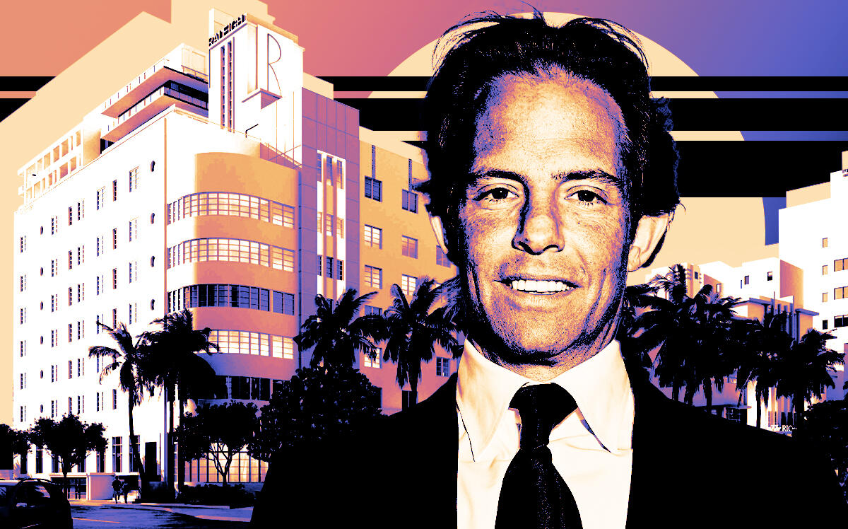 Developer Michael Shvo in front of a rendering of the Raleigh Hotel development in Miami Beach (KOBI karp)