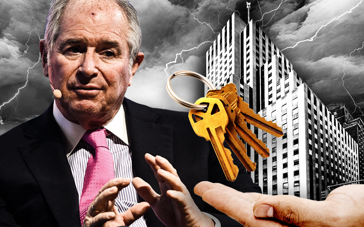 Stephen Schwarzman, chairman, Blackstone, in front of 1740 Broadway (Getty Images, LoopNet, iStock/Photo Illustration by Steven Dilakian for The Real Deal)