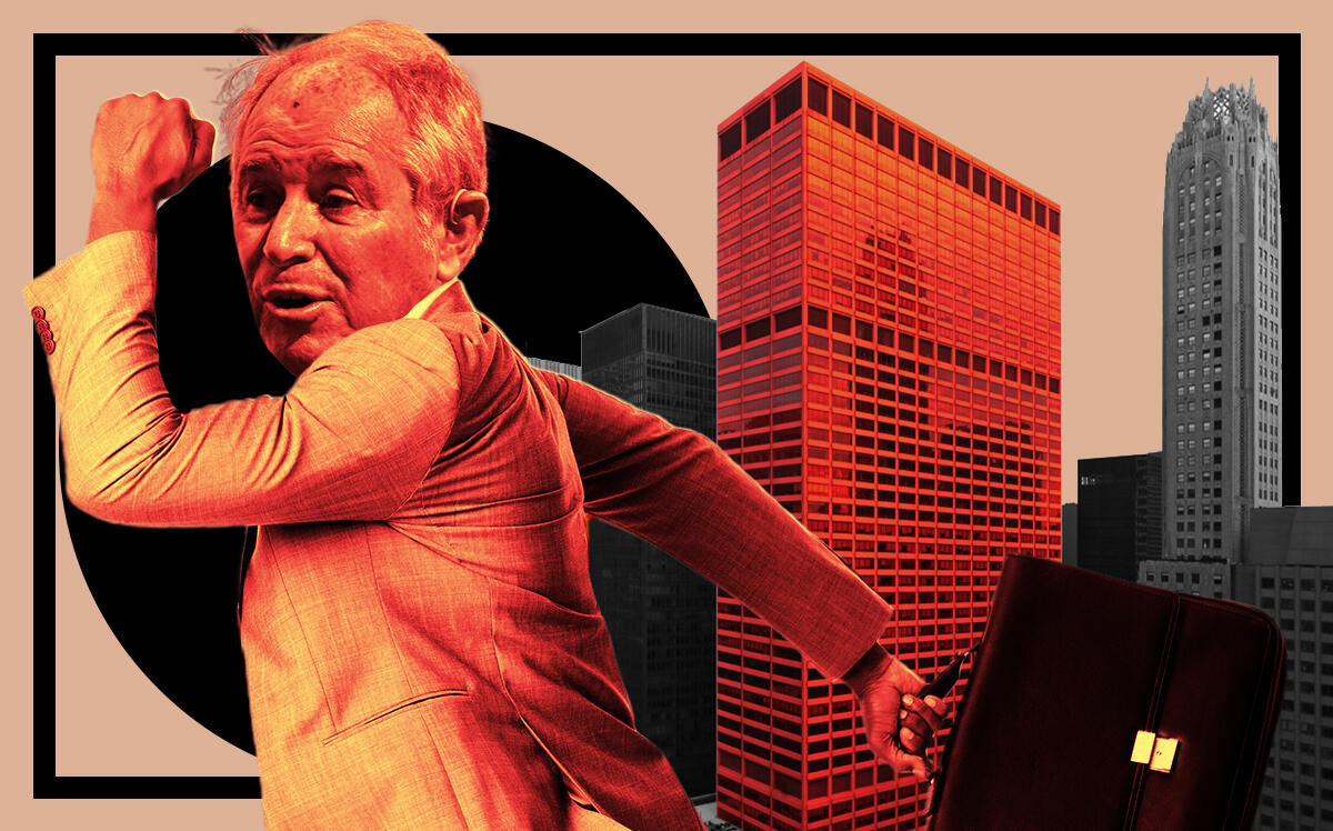 Stephen Schwarzman, chairman, Blackstone, along with 345 Park Avenue (Getty Images, Rudin Management/Illustration by Steven Dilakian for The Real Deal)