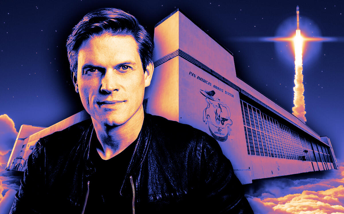 Chris Kemp, chief executive officer, Astra Space, along with Alameda Point, the former Alameda naval air station (Astra Space, Alameda Point, iStock/Illustration by Steven Dilakian for The Real Deal)