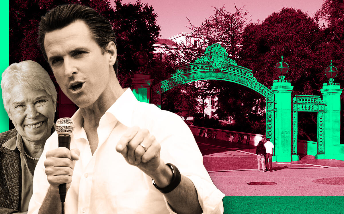 From left: Carol Christ, chancellor, UC Berkeley; Gavin Newsom, governor of California in front of Sather Gate (Wikipedia/Falcorian, Kore Chan / Senior Staff for The Daily Californian, MIT - via Wikimedia Commons, Getty Images)