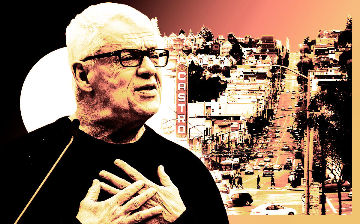 Cleve Jones in front of the Castro neighborhood of San Francisco (Pax Ahimsa Gethen, CC BY-SA 4.0 - via Wikimedia Commons, Jamezcd, CC BY-SA 3.0 - via Wikimedia Commons/Illustration by Steven Dilakian for The Real Deal)