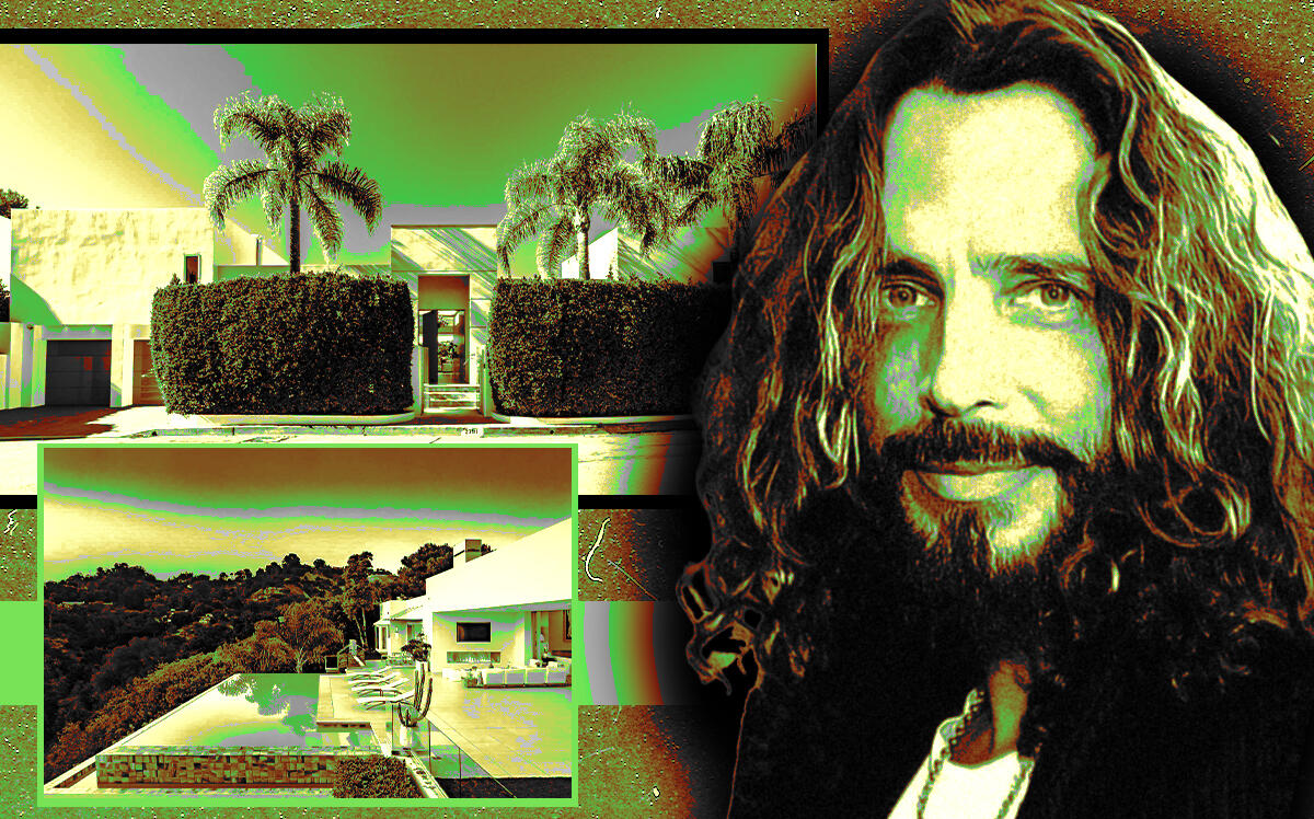 Chris Cornell, late singer-songwriter, along with photos of 2791 Ellison Drive in Beverly Hills (gdcgraphics, CC BY-SA 2.0/via Wikimedia Commons, The Agency Real Estate/Photo Illustration by Steven Dilakian for The Real Deal)