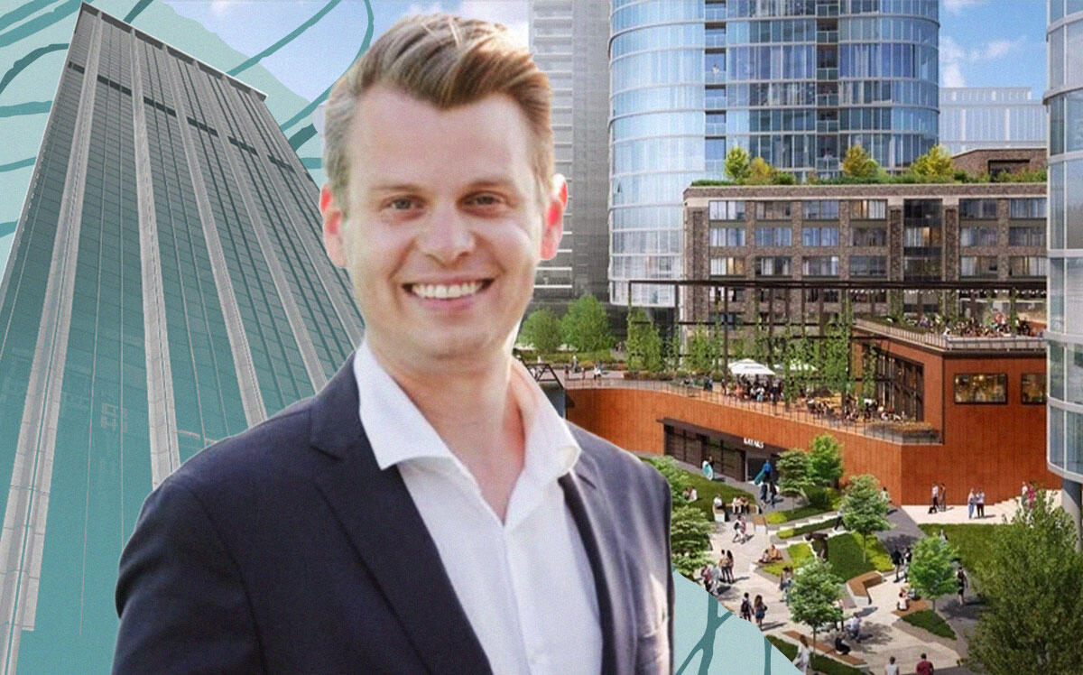 Onni's Duncan Wlodarczak with 225 West Randolph Street and rendering of Onni's Goose Island project (LinkedIn, Google Maps, Onni Group)