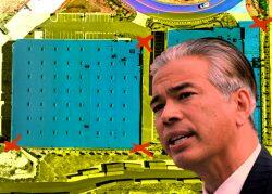 California Attorney General Rob Bonta with the Oleander avenues warehouse project (Getty, Cornerstone)