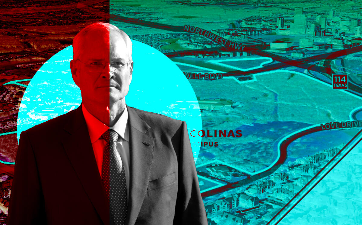 ExxonMobil CEO Darren Wood and its Irving office campus (Getty, Jones Lang LaSalle)