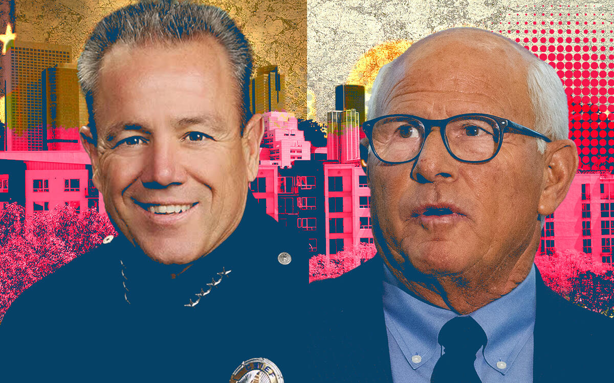 LAPD Chief Michel Moore and Commissioner Steve Soboroff (Wikipedia, iStock, LAPD Online)