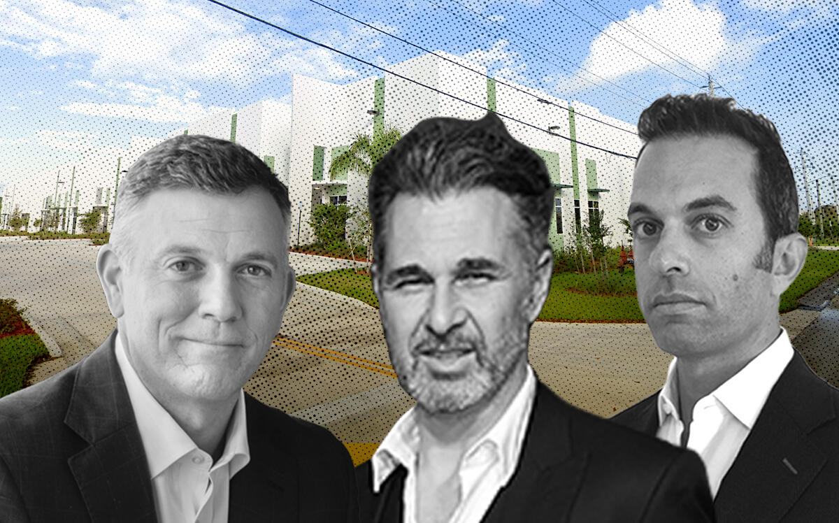 Barings Chairman and CEO Mike Freno, Arkadia managing principals Richard Kilstock and David Aaron and the industrial complex at 3850-3872 Northwest 126 Avenue in Coral Springs (Barings, Arkadia, LinkedIn, Google Maps)