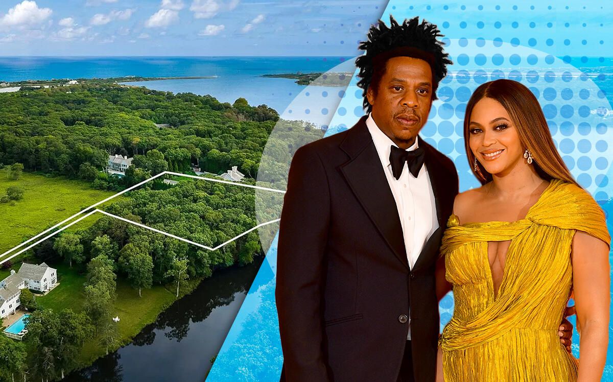 Jay-Z and Beyonce with 18 Jones Creek Lane in East Hampton, NY (Zillow, Getty)