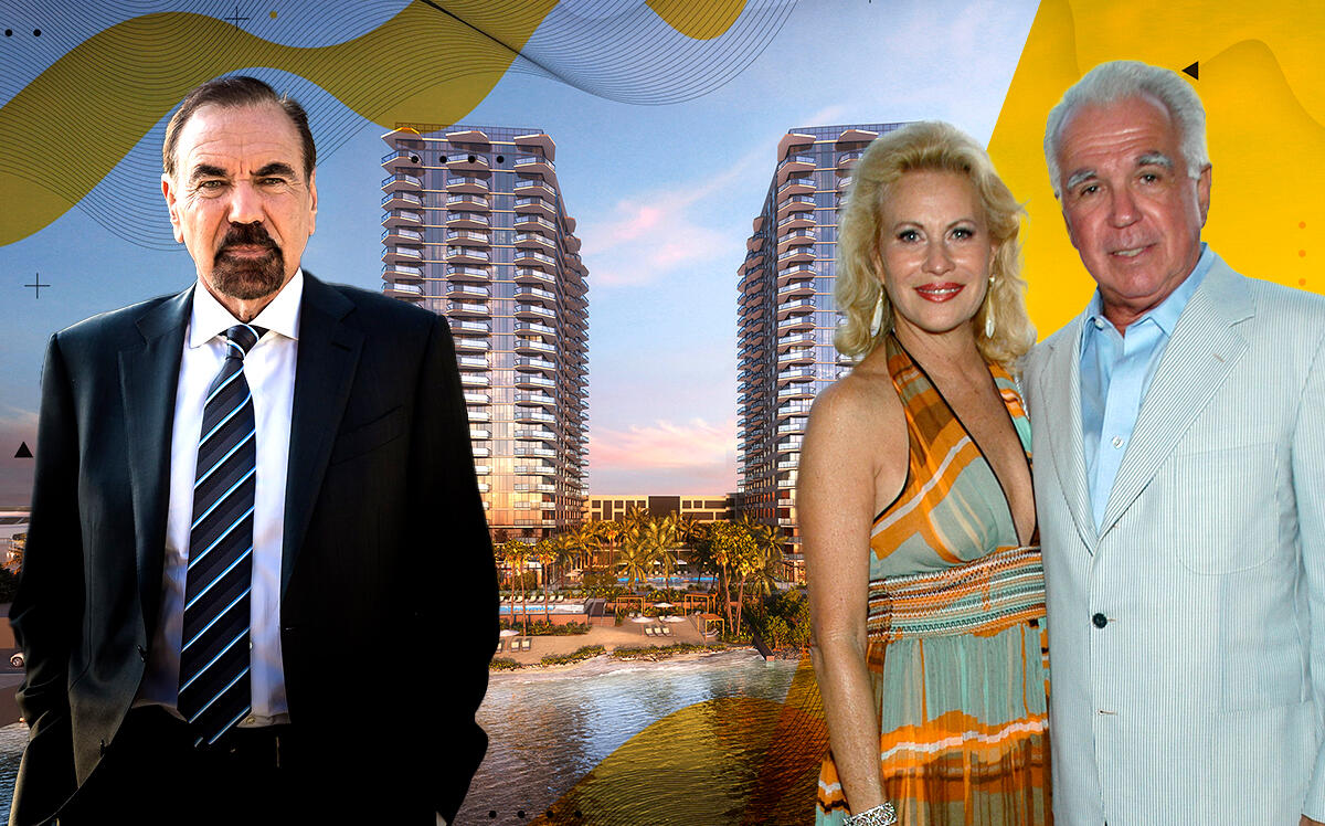 Jorge Pérez vs Stephen and Louise Kornfeld with a rendering of Icon Marina Village (Related Group, Getty, Wikipedia)