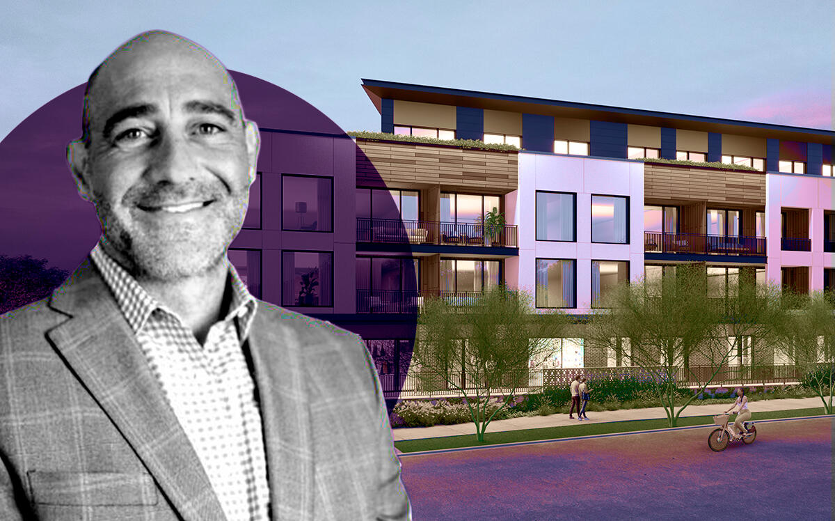 Intracorp Texas’ Brad Stein with a rendering of the project at 2209 South First Street in South Austin’s Bouldin Creek neighborhood (Frost Visualizations, Intracorp)