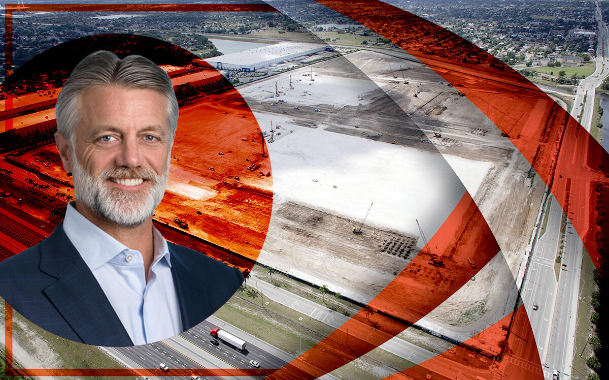 Bridge Industrial founder and CEO Steve Poulos and the development site at 4310 NW 215th Street (Bridge Industrial)