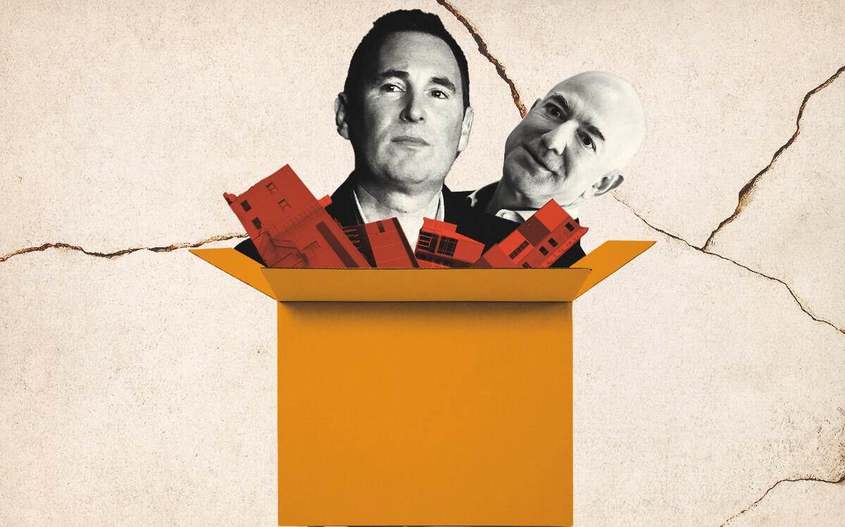Amazon ceo Andy Jassy and former ceo Jeff Bezos (Getty Images, iStock, Illustration by Kevin Cifuentes for The Real Deal)