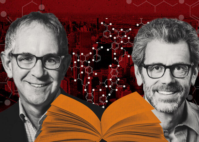 Empire State Realty Trust’s Tony Malkin and L+M’s Ron Moelis. Carbon molecules floating from an open book, against nyc skyline (iStock, Illustration by Kevin Cifuentes for The Real Deal)