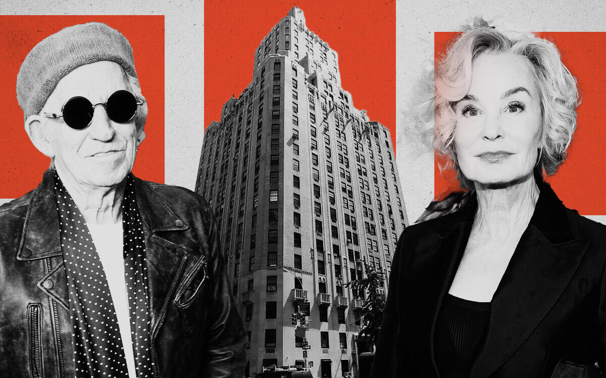 Keith Richards, Jessica Lange and One Fifth Avenue (StreetEasy, Getty Images)