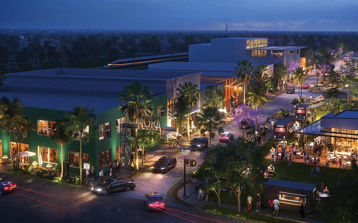 A rendering shows an aerial view of the retail and restaurant section of the Nora District in downtown West Palm Beach (ArquitectonicaGEO)