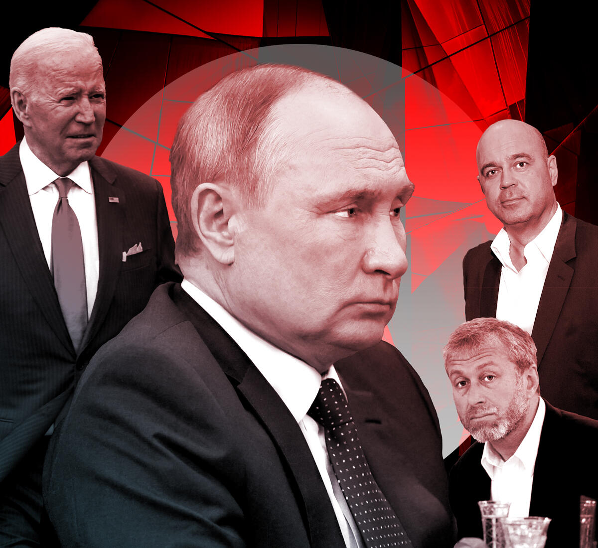 Vladimir Putin (center); President Joe Biden (left); Alexei Kuzmichev (top right) and Roman Abramovich (Photo-illustration by Paul Dilakian)