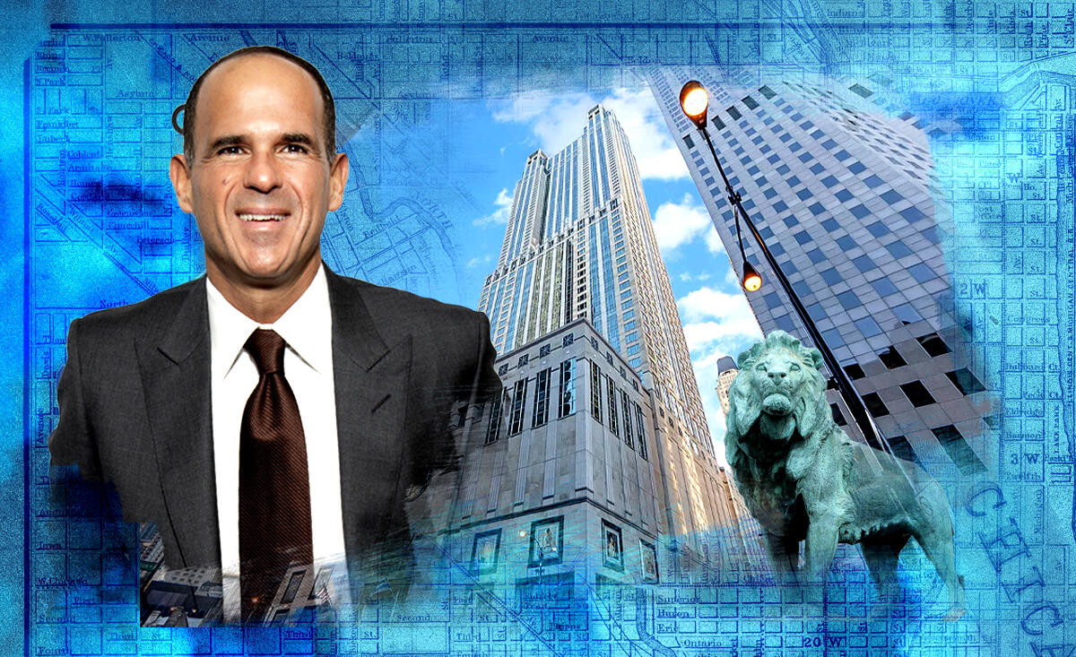 Marcus Lemonis with 77 E Walton Pl (Getty, Zillow, iStock, Illustration by Shea Monahan for the Real Deal)