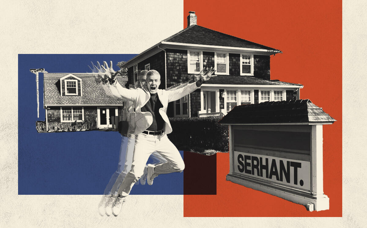 Ryan Serhant and new Hamptons office (SERHANT. Studios, iStock, Illustration by Kevin Cifuentes for The Real Deal)