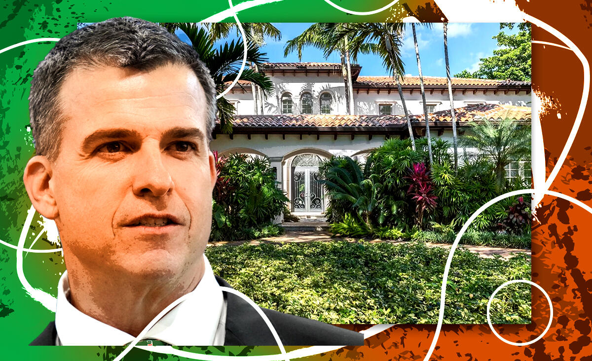 University of Miami’s Mario Cristobal with the mansion on Southwest 53rd Avenue (Getty, Zillow, Illustration by Shea Monahan for the Real Deal)