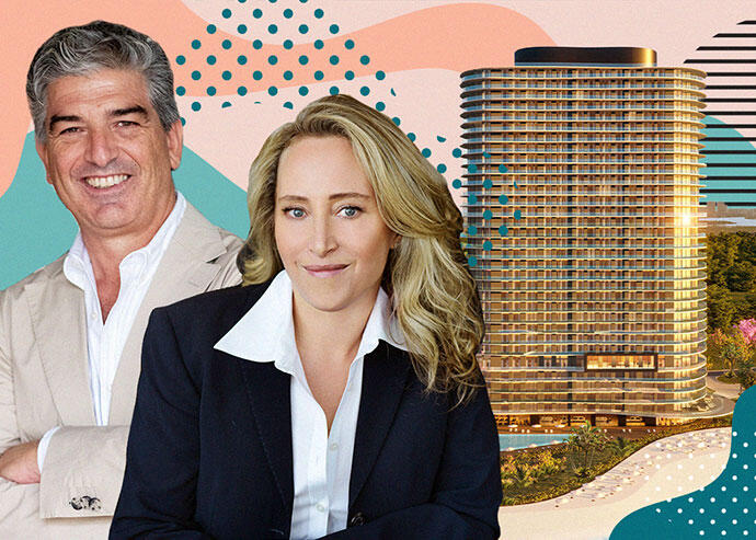 Carlos Rosso and Jackie Soffer with Rendering of One Park Tower by Turnberry at SoLé Mia (Turnberry, iStock)