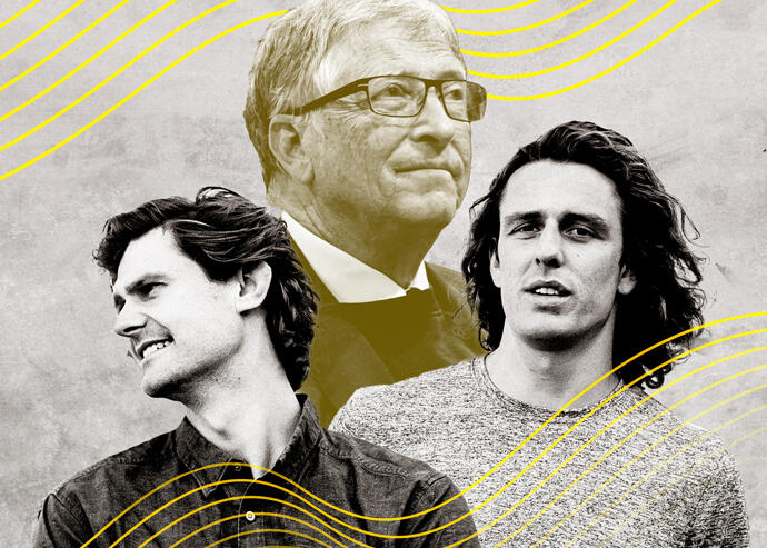 Brimstone's Cody Finke (left) and Hugo Leandri with Bill Gates (Brimstone, Illustration by Kevin Rebong for The Real Deal)