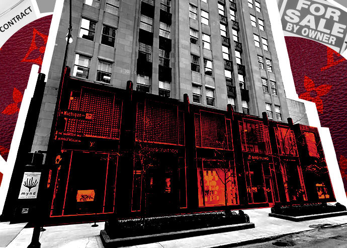 A photo illustration of the Palmolive Building at 919 North Michigan Avenue (Google Maps, iStock)