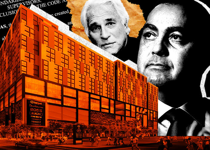 From left: Michael Swerdlow and Don Peebles along with a rendering of Block 55 in Miami's Overtown neighborhood (The Peebles Corporation, Swerdlow Group, iStock)