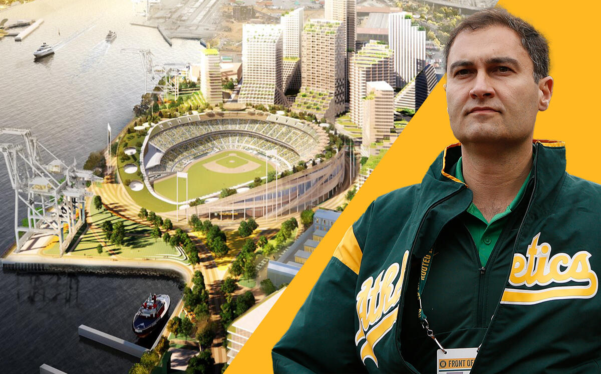 A rendering of Oakland Athletics’ ballpark and Oakland Athletics’ president Dave Kaval (Twitter, Getty)