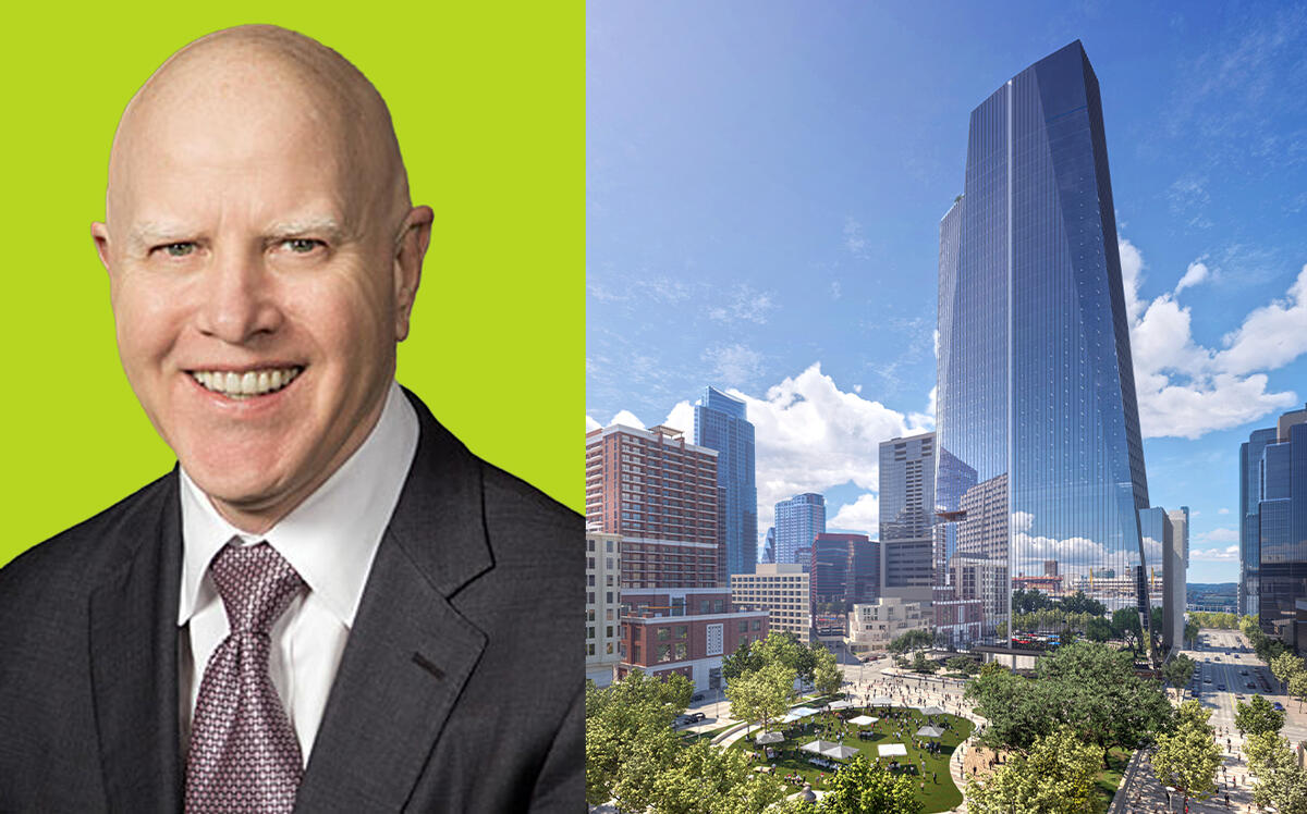 Bank OZK's George Gleason and a rendering of The Republic tower (Bank OZK, rendering by Neoscape)