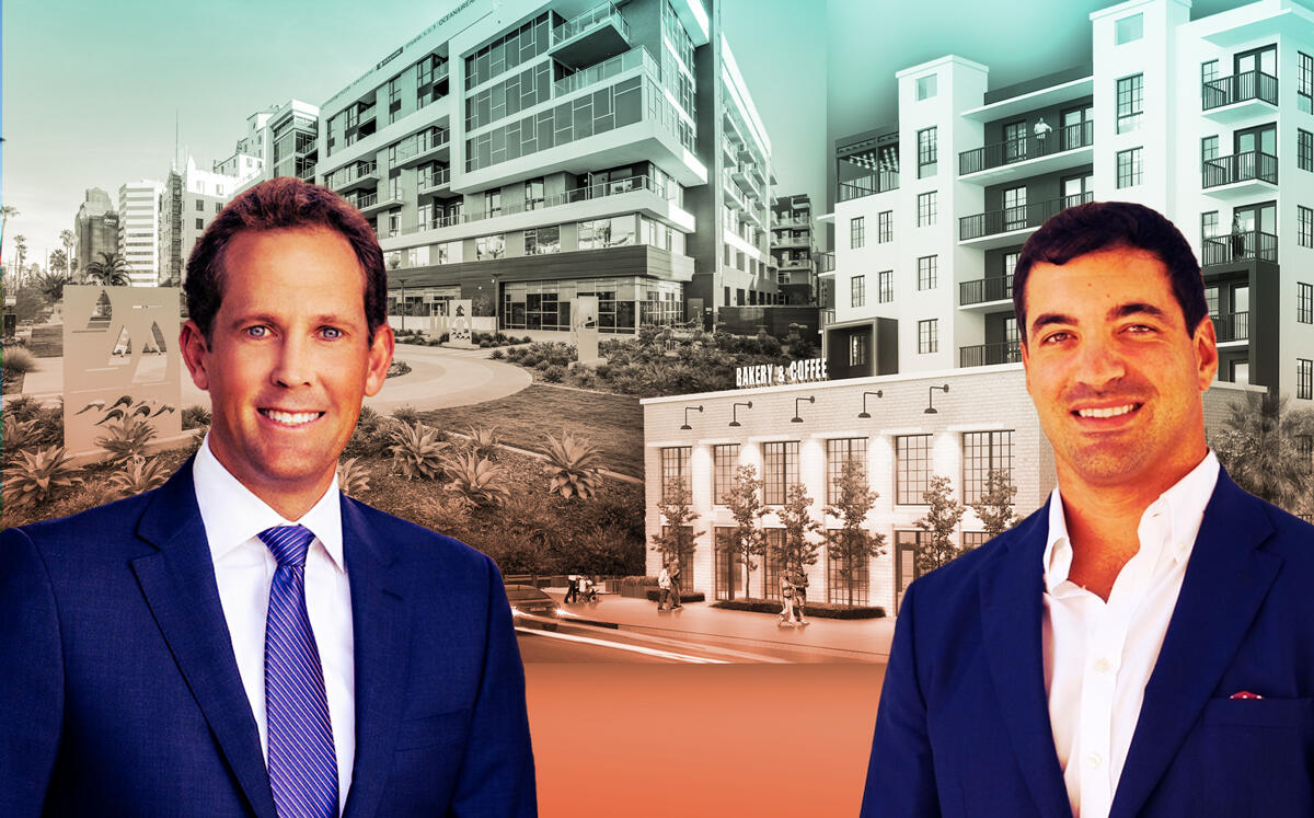 From left: Waterford Property Company’s John Drachman with the Oceanaire complex in Long Beach and Affiliated Development's Nick Rojo with the Bohemian project in Lake Worth Beach (Renderings via Kobi Karp, Oceanaire)