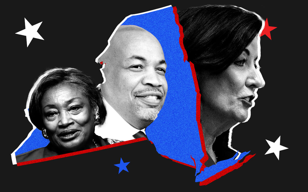 From left: Senate Leader Andrea Stewart-Cousins, Assembly Speaker Carl Heastie, and Gov. Kathy Hochul (Getty, Illustration by Kevin Rebong for The Real Deal)