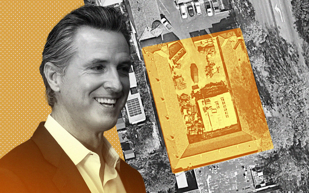 Governor Gavin Newsom with the Golden Bear Hotel at 1620 San Pablo Avenue (Getty, Google Maps)