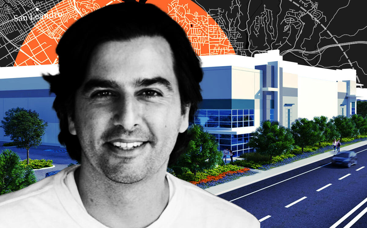 Arshan Poursohi, co-founder and CEO, Third Wave Automation, in front of 100 Halcyon Drive in San Leandro (LoopNet, iStock, LinkedIn/Arshan Poursohi)