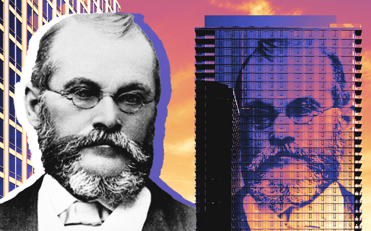 A rendering of Brookfield's 57-story residential tower, entitled "Beaudry," along with a photo of its namesake, Prudent Beaudry, a popular mayor of Los Angeles from the 19th century (Brookfield Properties)