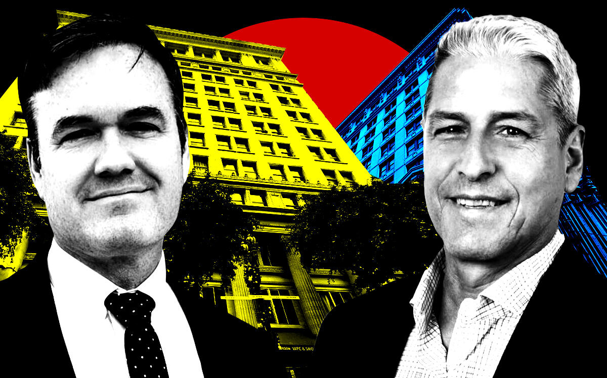 From left: Greg Campbell, founding principal, Laguna Point Properties; David Olney, CEO, Berkshire Residential Investments, in front of 548 South Spring Street and 215 West 6th Street (Google Maps, Berkshire Residential Investments, Laguna Point Properties)