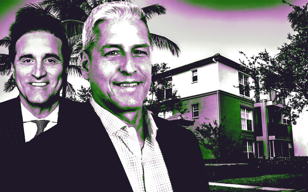 From left: Maury Tognarelli (seller), CEO of Heitman, and David Olney (buyer), CEO, Berkshire Residential Investment, in front of The Sophia at Abacoa apartment complex at 863 University Boulevard in Jupiter (Berkshire Residential Investment, Heitman, Realtor.com)